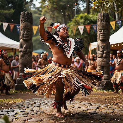 Photograph of a muscular, dark-skinned Native dancer in traditional grass skirt and feather adornments, mid-dance, surrounded by stone statues and a