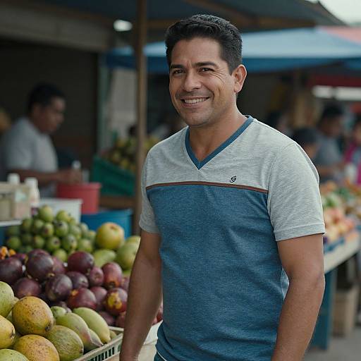 Photograph of a smiling, dark-haired man in a blue and white V-neck t-shirt standing at a fruit market stall with various colorful fruits.
