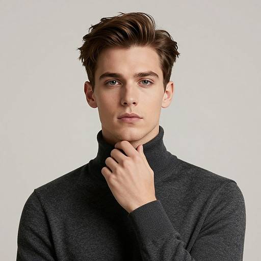 Photograph of a young Caucasian man with short, dark brown hair, wearing a black turtleneck, hand gently touching his neck, against a white