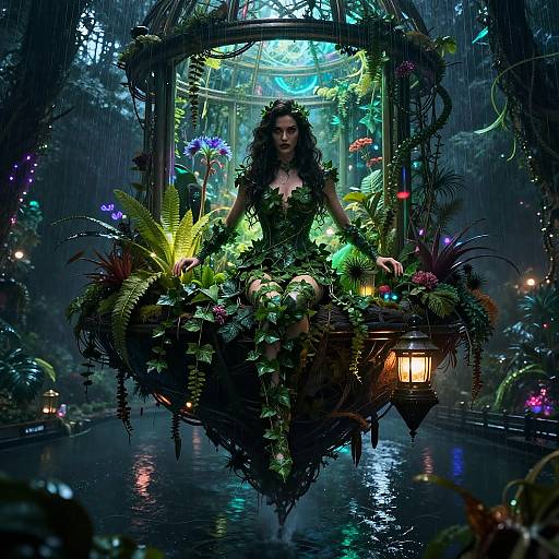 Photograph of a mystical, dark-haired woman in a leafy, ethereal dress, floating in a rain-lit, lush, glowing greenhouse.