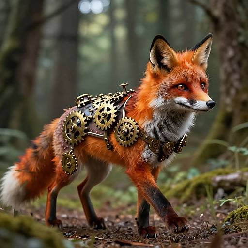 Photograph of a red fox in a forest, wearing a harness with intricate gold gears and cogs, blending natural and steampunk elements.