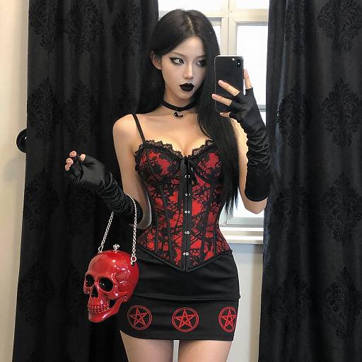 Gothic Mirror Selfie with Red Skull Purse