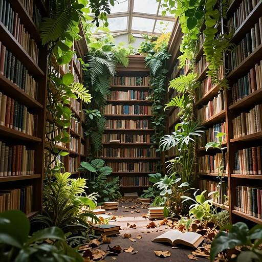 Photograph of a lush, sunlit library aisle with tall, green plants climbing wooden shelves, scattered books, and fallen leaves on the floor.