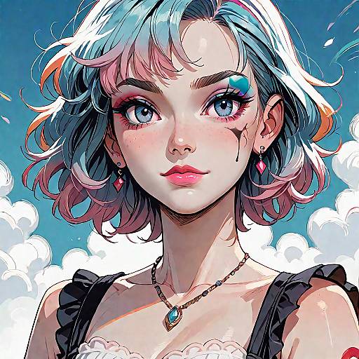 Digital anime-style portrait of a fair-skinned young woman with blue and pink wavy hair, blue eyes, pink eyelids, black frilled top