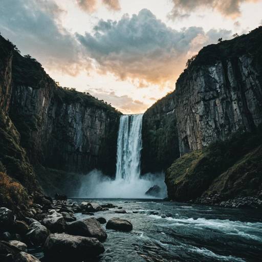 Waterfall Amid Rocky Cliffs at Sunset