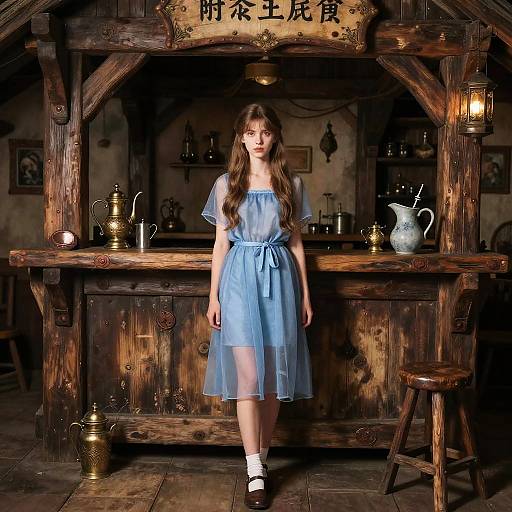 Photograph of a young woman with long brown hair in a sheer blue dress, standing in a rustic wooden tavern with antique jars and lanterns, sign