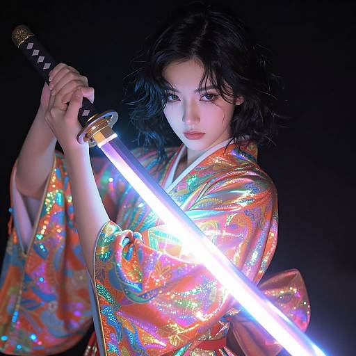 Digital artwork of an Asian woman with wavy black hair, wearing a glittery orange kimono, holding a glowing katana against a black background.