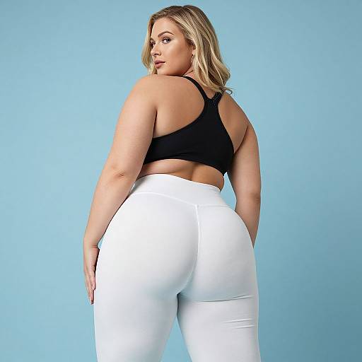 Photograph of a curvy blonde woman with fair skin, wearing a black sports bra and tight white leggings, looking over her shoulder against a light blue