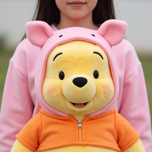 Photograph of a child in a pink hoodie with bear ears, holding a Winnie the Pooh plush in an orange zip-up.
