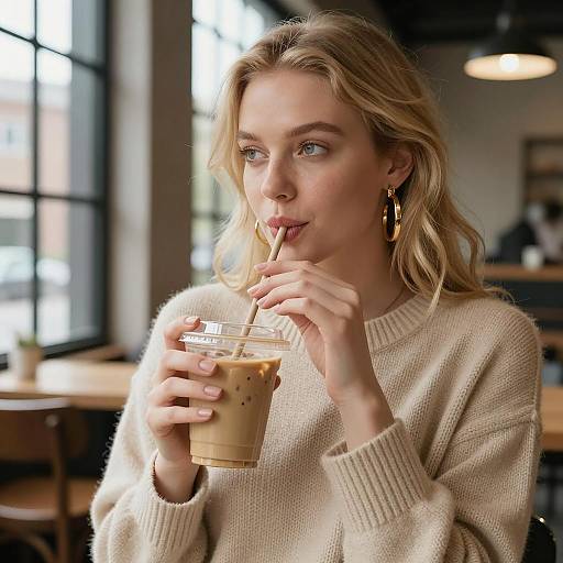 Blonde Woman Enjoying Iced Coffee
