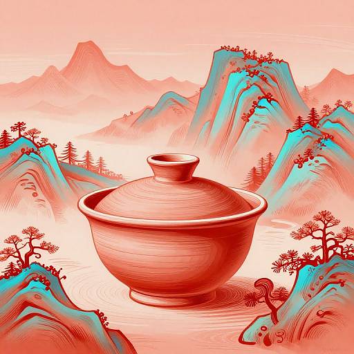 Digital illustration of a red ceramic pot in the center, surrounded by blue and red mountainous landscape with pine trees. Bright, surreal colors and intricate line