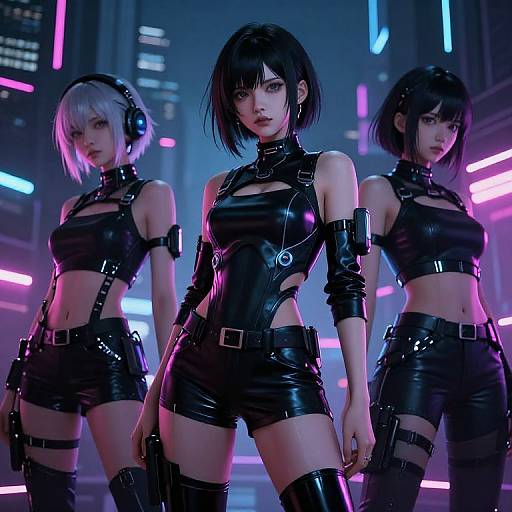 Digital art of three fierce, black leather-clad women with short hair, neon-lit city background, futuristic, cyberpunk style, holding guns.