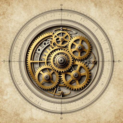 Detailed digital illustration of gold gears and cogs within a circular compass-like frame on a textured, aged parchment background.