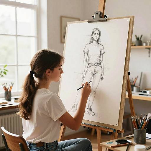Young woman with brown hair in ponytail, wearing white shirt and blue jeans, draws black-and-white sketch of herself on wooden easel in bright,