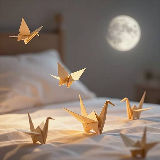 Photograph of glowing paper origami cranes flying above a white bed, illuminated by a bright moonlit window in a dim room.