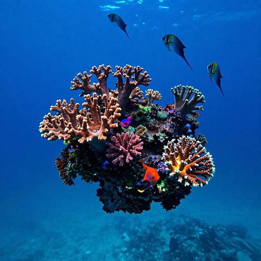 Vibrant underwater photograph of a coral reef cluster with colorful corals, surrounded by four small fish, against a deep blue ocean background.