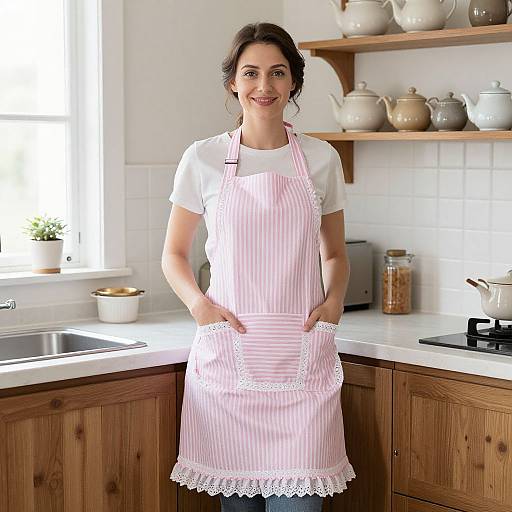 Photograph of a smiling woman with dark hair in a pink and white striped apron, standing in a bright, wooden kitchen.