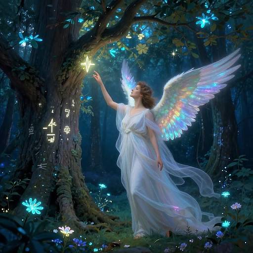 Digital painting of an angelic woman with iridescent wings, white gown, reaching for a glowing butterfly in a magical, luminescent forest.