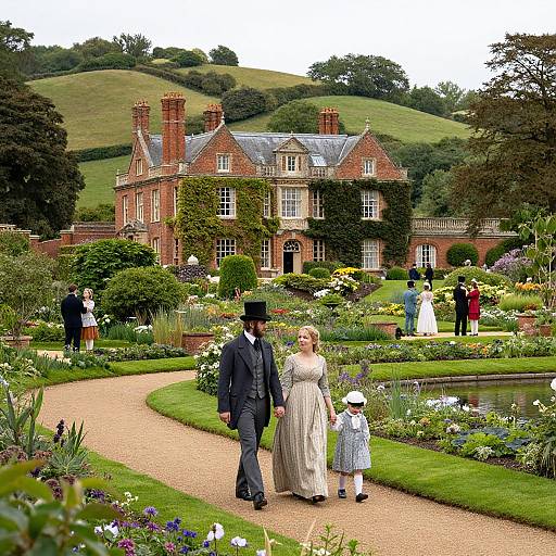 Photograph of a Victorian-style mansion with ivy, surrounded by vibrant gardens, featuring a couple in formal attire holding a child's hand, and other