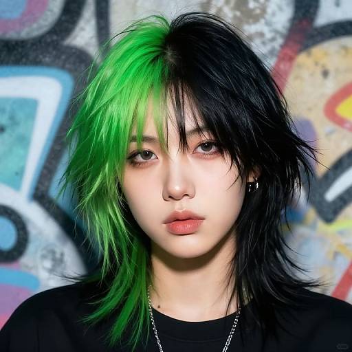Photograph of a young Asian woman with neon green and black hair, pale skin, and black top, against a colorful graffiti wall background.
