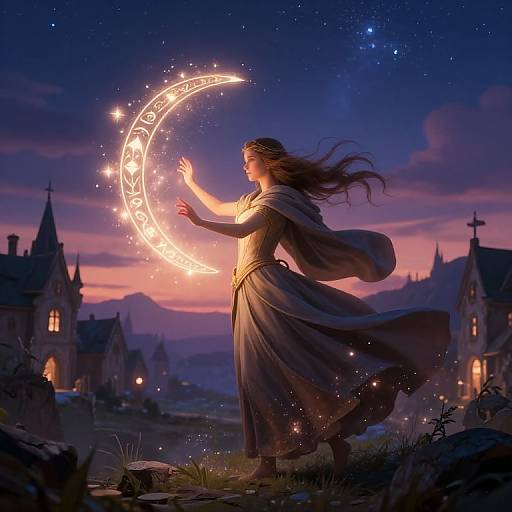 Mystical Lady Wizard Shielding Village