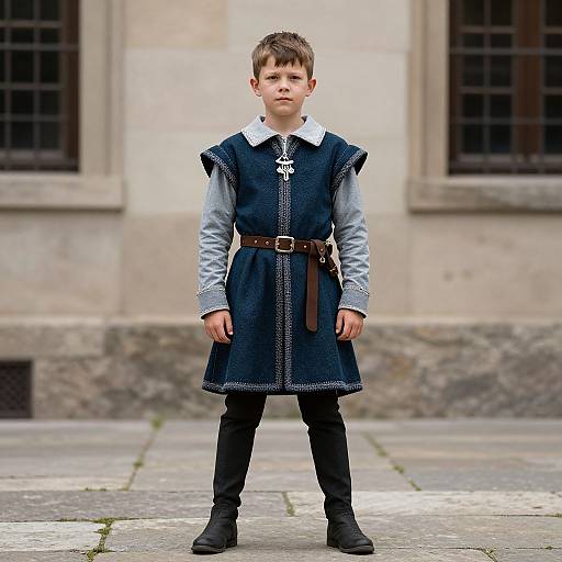 Photograph of a young boy in medieval attire, standing on stone pavement, wearing a navy tunic, white collar, gray shirt, black belt,