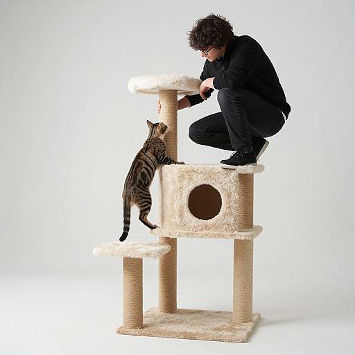 Detailed Wide Shot of Human on Cat Tree