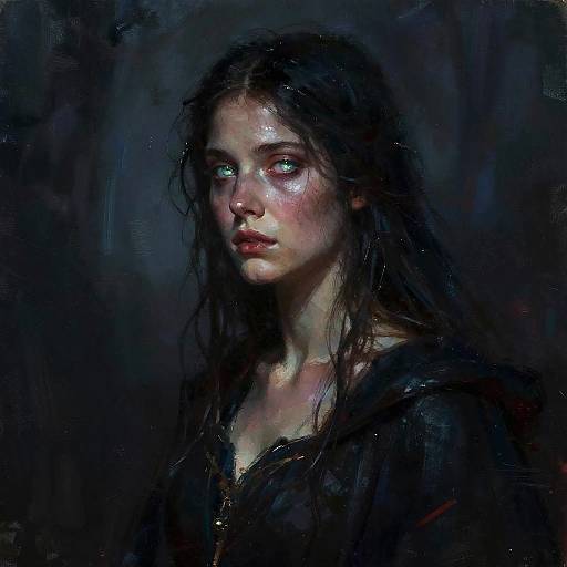 Digital painting of a melancholic young woman with long, dark, wet hair, glowing pale blue eyes, and a somber expression, wearing a dark
