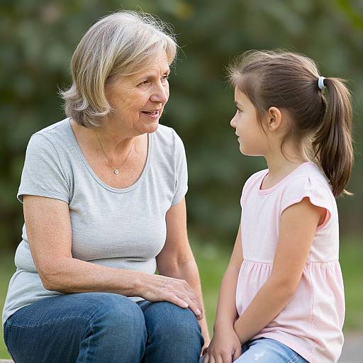 Photograph of an elderly woman with short gray hair, wearing a white shirt and blue jeans, smiling at a young girl with brown hair in a pony