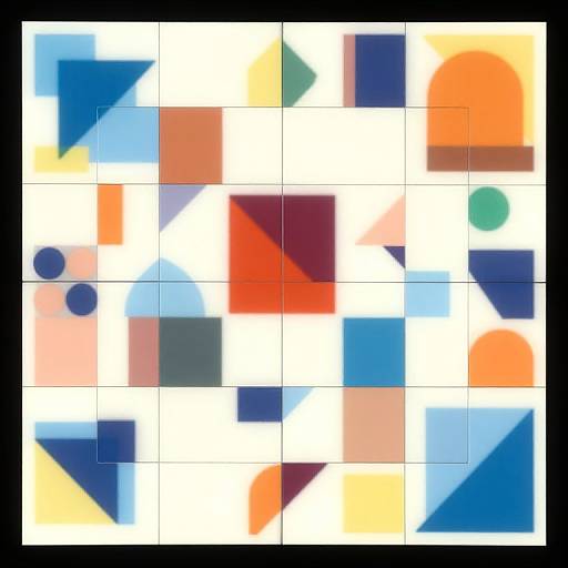 Abstract geometric painting with colorful squares and triangles in blue, orange, green, yellow, and white on a grid.