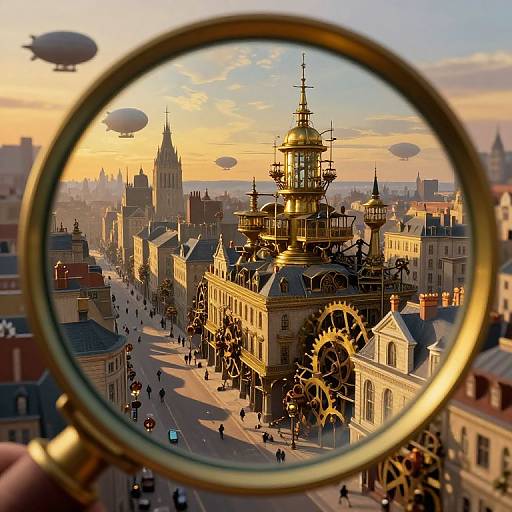 Steampunk cityscape through a magnifying glass, featuring a clock tower with gears, airships, and sunset-lit buildings. Photorealistic