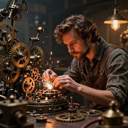 Photograph of a bearded man with curly hair, wearing a dark shirt and overalls, sparking gears in a dimly lit workshop.