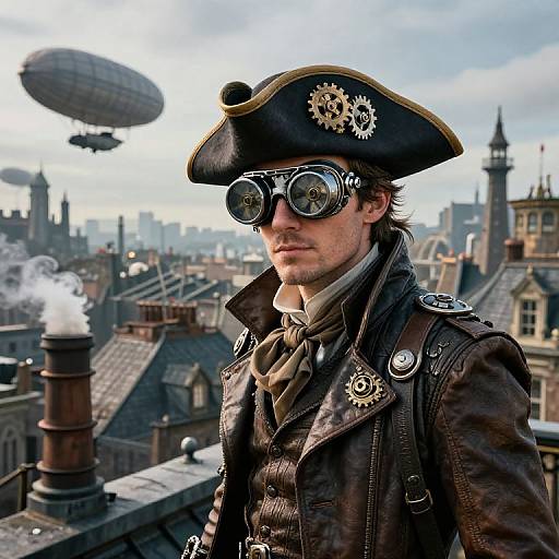 Steampunk pirate with goggles and tricorn hat, standing on a rooftop, overlooking a Victorian city with airships in the sky. Photorealistic