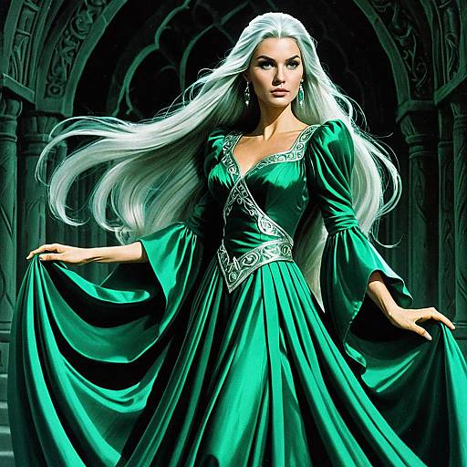 Fantasy Enchantress with Silver Hair in Emerald Green Gown