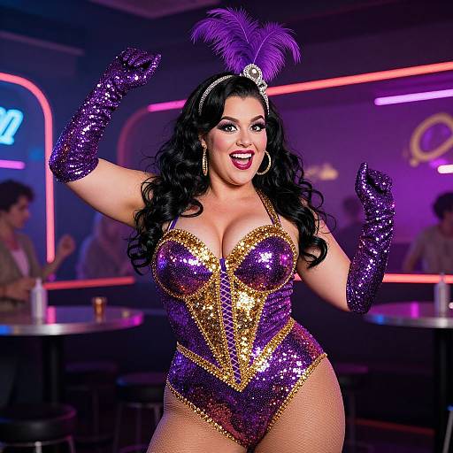 Photograph of a curvy woman in a sparkly purple and gold sequin leotard, long black curls, purple gloves, feathered head