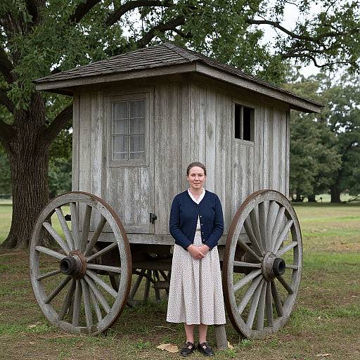 Photograph of a smiling Caucasian woman in a navy cardigan and white polka-dot skirt, standing in front of a rustic wooden outhouse with