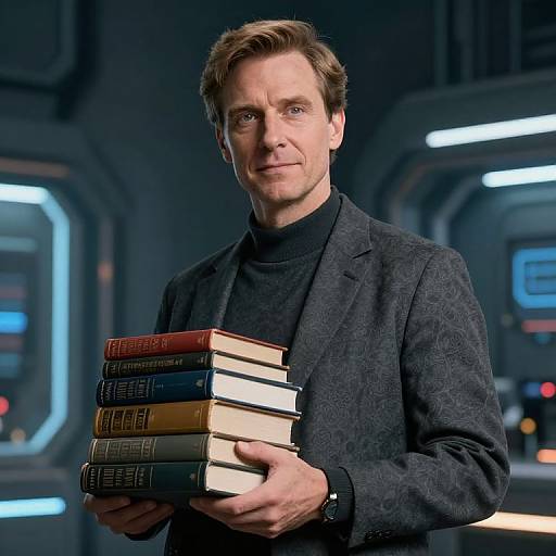Photograph of Matthew McConaughey in a dark patterned blazer holding a stack of books in a futuristic, dimly-lit sci-fi