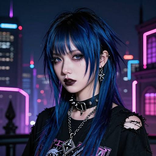Digital portrait of an anime-style goth girl with blue hair, dark makeup, star earrings, black choker, and torn shirt, set against a