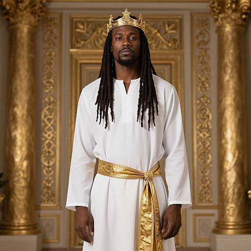 Photograph of a Black man with long dreadlocks wearing a golden crown, white robe, and gold belt, standing in an ornate, gold-ac
