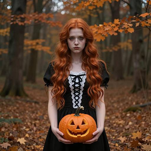 Teen Girl in Halloween Costume Holding Jack-o'-Lantern
