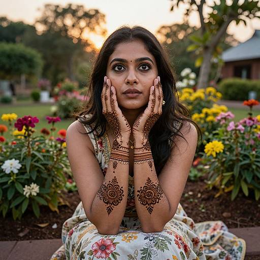 Photograph of a young Indian woman with dark hair, brown skin, floral dress, intricate henna designs on hands, gazing forward in a colorful