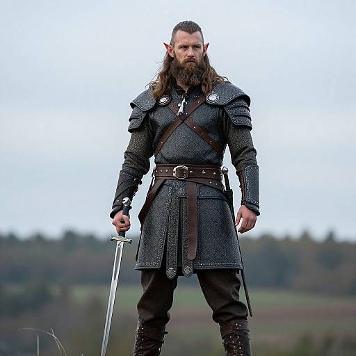 Photograph of a tall, muscular, bearded man with long brown hair, pointed elf-like ears, wearing dark medieval armor, holding a sword,