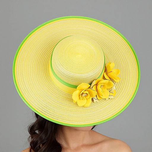 Photograph of a woman wearing a large, yellow straw hat with bright green trim and yellow flowers, head tilted, gray background, dark wavy hair