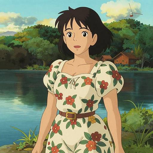 Anime-style digital drawing of a surprised young woman with short black hair, wearing a white floral dress with puffed sleeves, standing by a calm lake with