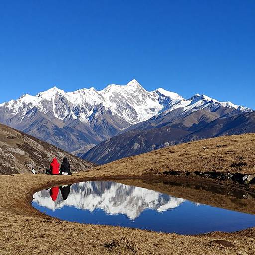 Photograph of a serene mountain landscape with snow-capped peaks, clear blue sky, and a reflective pond in the foreground. Two hikers, one