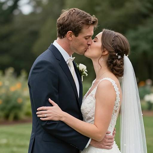 Photograph of a bride and groom kissing outdoors; groom in black suit, bride in white lace dress with veil, surrounded by greenery.