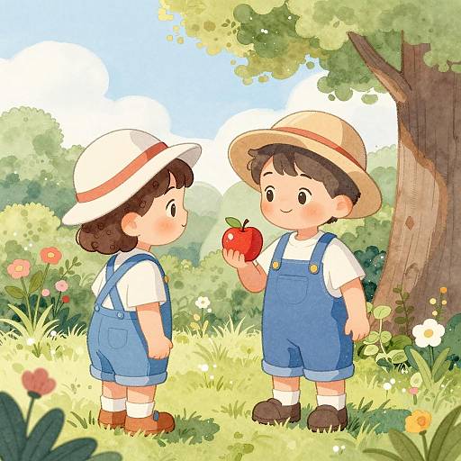 Children in Garden with Apple
