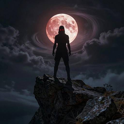 Silhouetted figure with glowing red eyes stands on rocky cliff under vibrant full moon and swirling clouds at night.