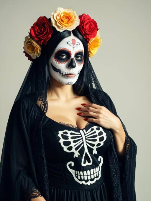 Woman in La Muerte Costume with Floral Headpiece