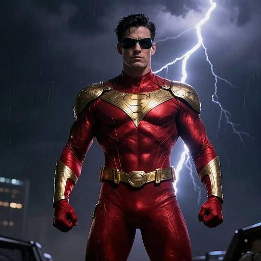 Muscular Superhero in Stormy Lightning